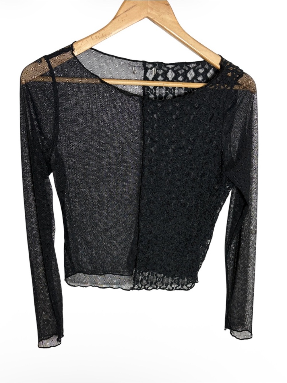 Black sheer half lace half mesh long sleeve boatneck blouse S/M